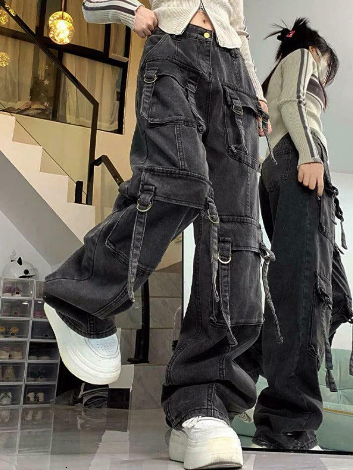 Y2K Street Style Multi-Pocket High Rise Cargo Jeans Y2K Street Style Multi-Pocket High Rise Cargo Jeans