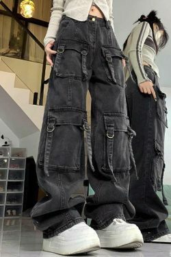 Y2K Street Style Multi-Pocket High Rise Cargo Jeans