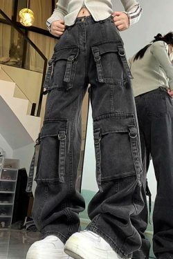 Y2K Street Style Multi-Pocket High Rise Cargo Jeans