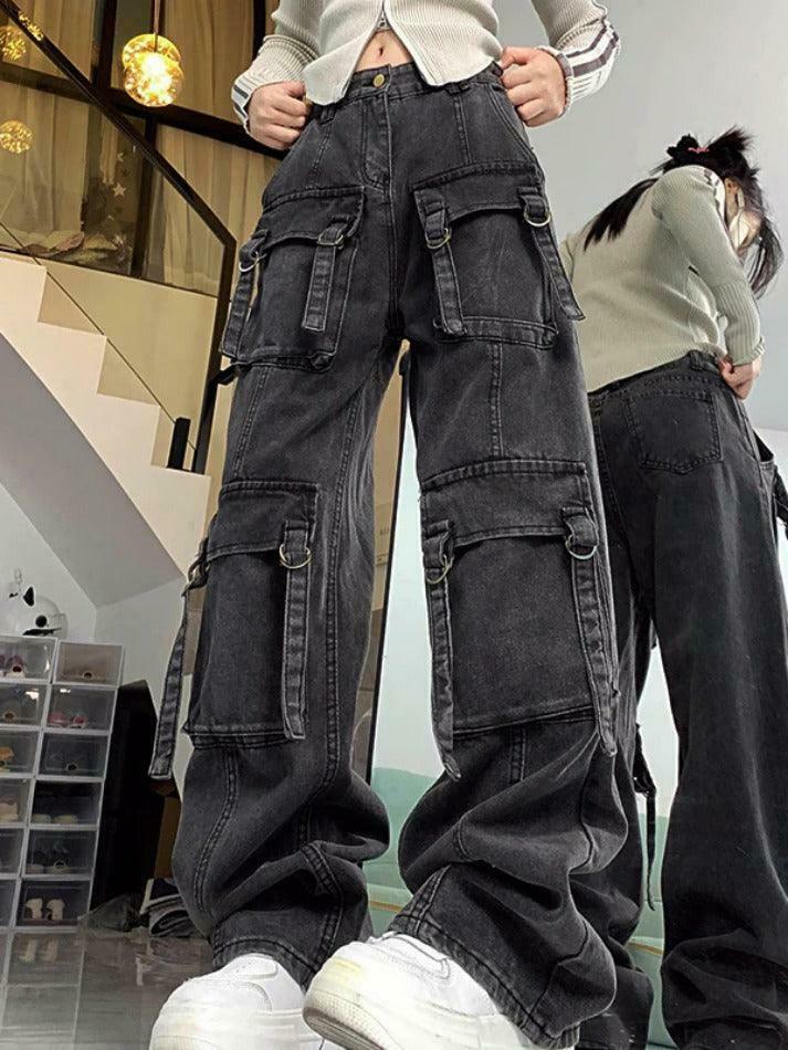 Y2K Street Style Multi-Pocket High Rise Cargo Jeans Y2K Street Style Multi-Pocket High Rise Cargo Jeans