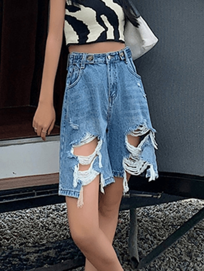 Y2K Street Style Ripped Denim Shorts - Cropped Aesthetic Fashion