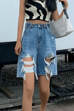 Y2K Street Style Ripped Denim Shorts - Cropped Aesthetic Fashion