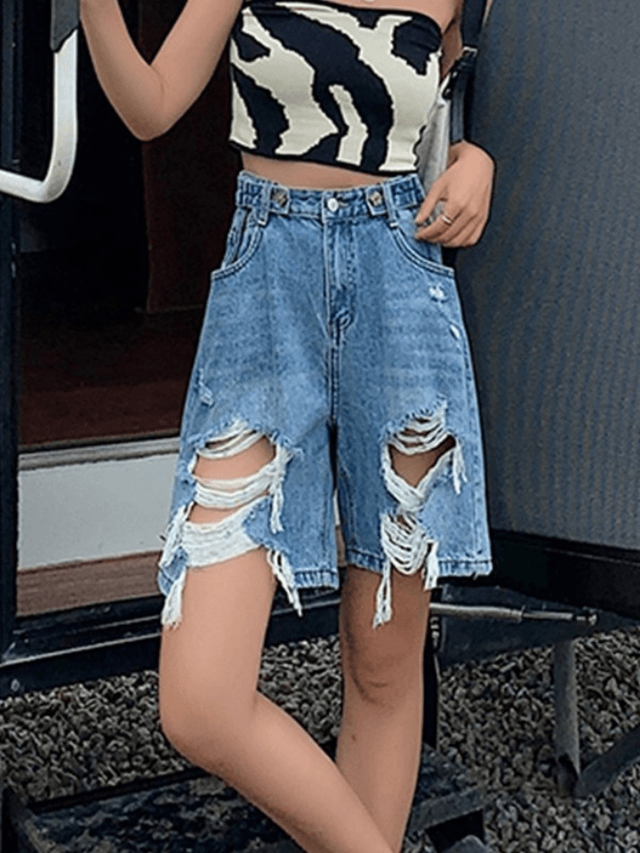 Y2K Street Style Ripped Denim Shorts - Cropped Aesthetic Fashion