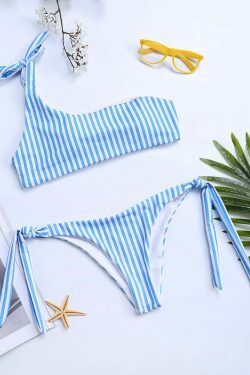 Y2K Stripe Blue Bowknot Bikini: Coquette Aesthetic One-Shoulder Swimsuit for Women