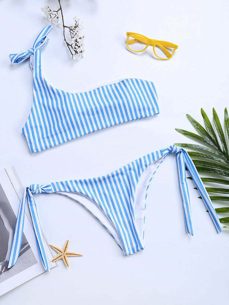 Y2K Stripe Blue Bowknot Bikini: Coquette Aesthetic One-Shoulder Swimsuit for Women Y2K Stripe Blue Bowknot Bikini: Coquette Aesthetic One-Shoulder Swimsuit for Women
