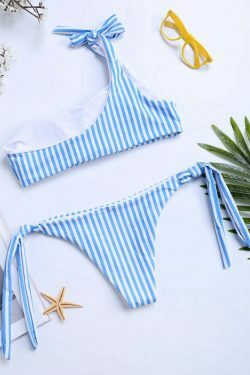 Y2K Stripe Blue Bowknot Bikini: Coquette Aesthetic One-Shoulder Swimsuit for Women