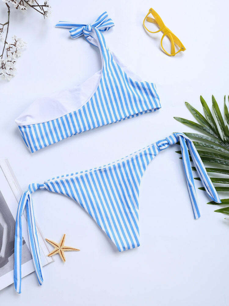 Y2K Stripe Blue Bowknot Bikini: Coquette Aesthetic One-Shoulder Swimsuit for Women Y2K Stripe Blue Bowknot Bikini: Coquette Aesthetic One-Shoulder Swimsuit for Women