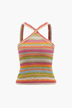 Y2K Stripe Cross Strap Knit Cami Top - Coquette Aesthetic Grunge Style - Cute Pastel Goth Fashion