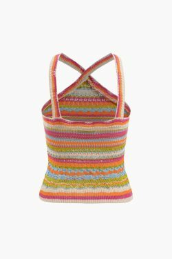 Y2K Stripe Cross Strap Knit Cami Top - Coquette Aesthetic Grunge Style - Cute Pastel Goth Fashion