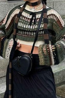 Y2K Stripe Cutout Crochet Top: Coquette Aesthetic Grunge Style, Cute Pastel Goth Fashion