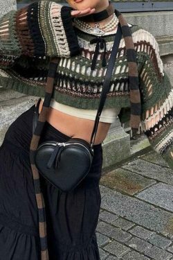 Y2K Stripe Cutout Crochet Top: Coquette Aesthetic Grunge Style, Cute Pastel Goth Fashion