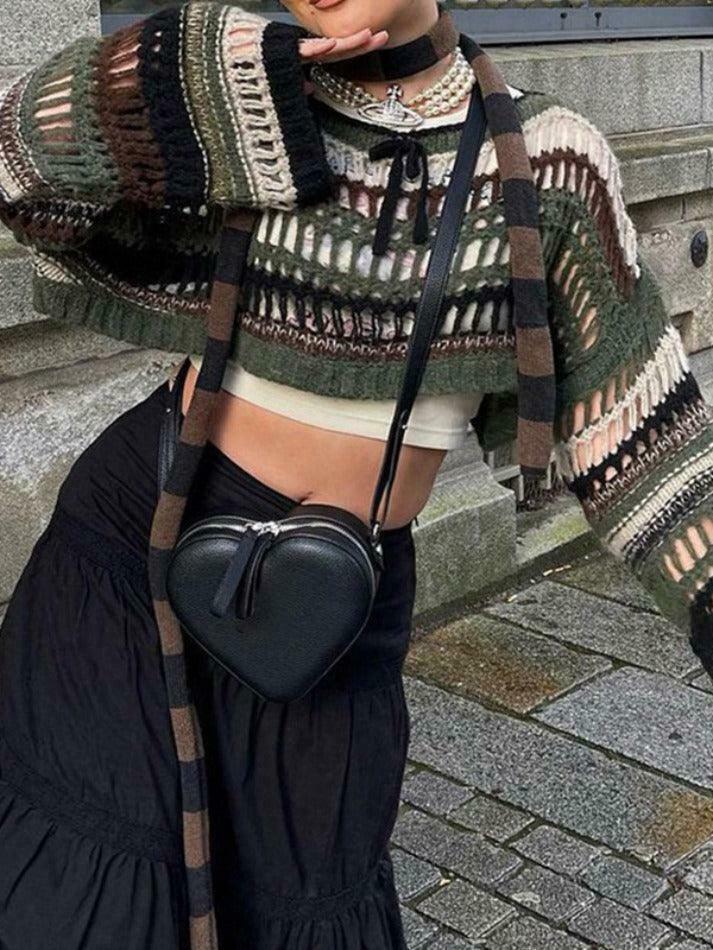 Y2K Stripe Cutout Crochet Top: Coquette Aesthetic Grunge Style, Cute Pastel Goth Fashion