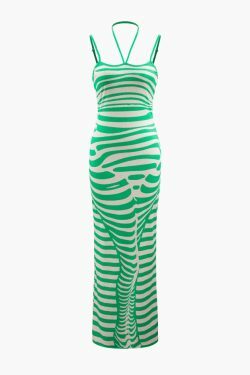 Y2K Stripe Print Halter Maxi Dress - Coquette Aesthetic & Grunge Style