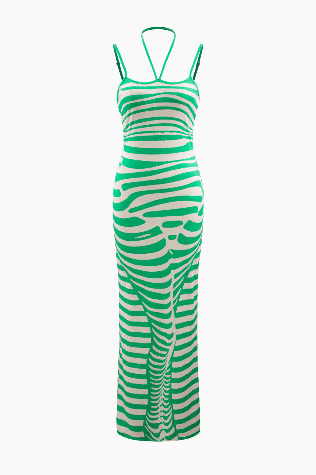 Y2K Stripe Print Halter Maxi Dress - Coquette Aesthetic & Grunge Style
