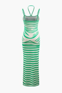 Y2K Stripe Print Halter Maxi Dress - Coquette Aesthetic & Grunge Style