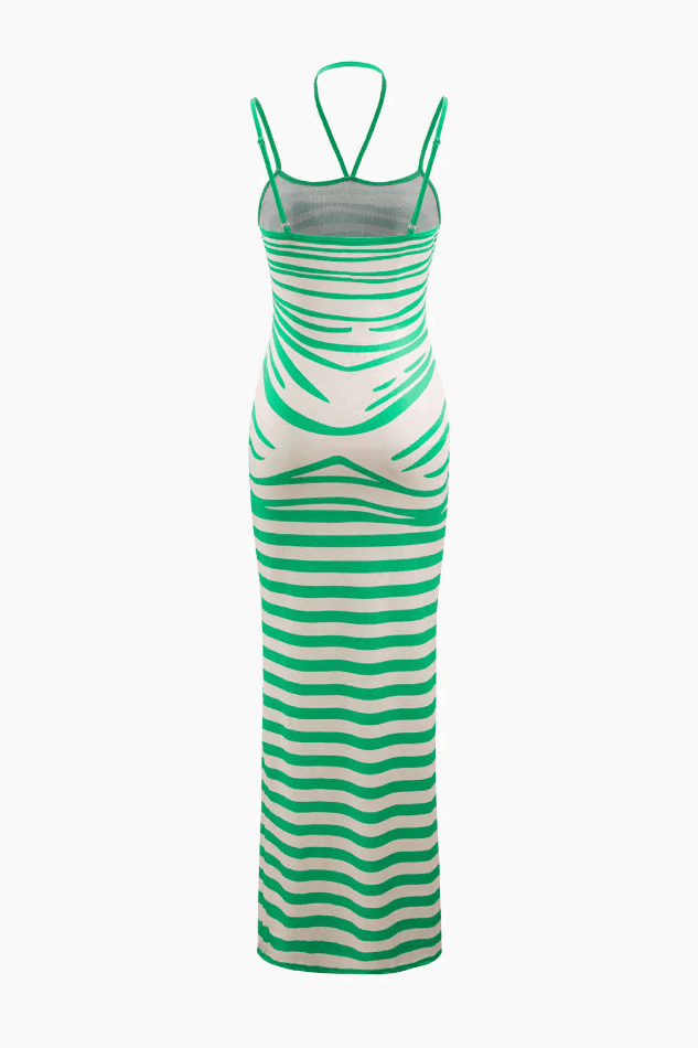 Y2K Stripe Print Halter Maxi Dress - Coquette Aesthetic & Grunge Style