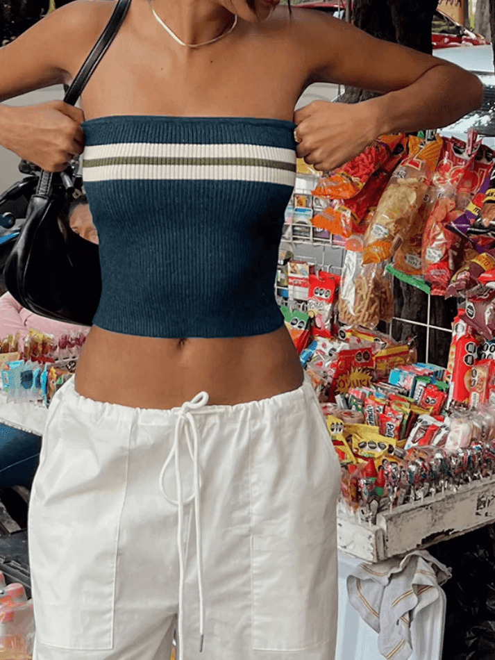 Y2K Striped Bandeau Crop Top: Coquette Aesthetic, Grunge Style, Pastel Goth, Cute Tops, Cargo Skirt