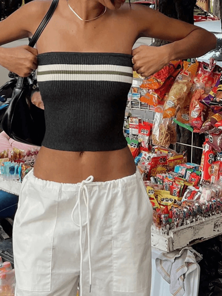 Y2K Striped Bandeau Crop Top: Coquette Aesthetic, Grunge Style, Pastel Goth, Cute Tops, Cargo Skirt