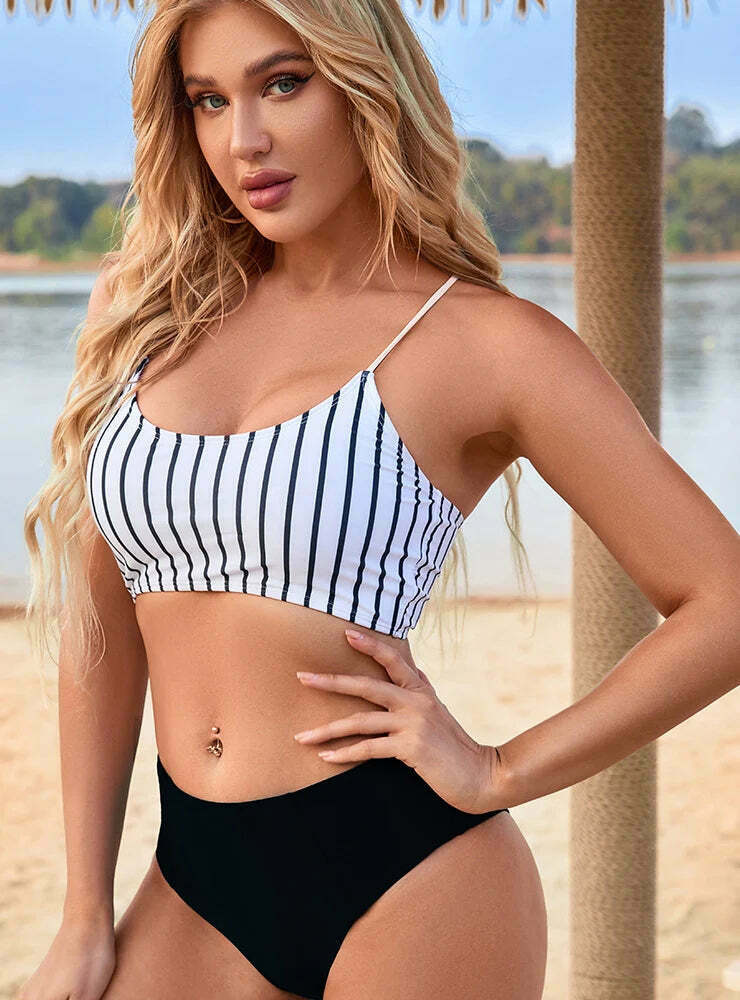 Y2K Striped Beach Bikini: Sexy High Waist Split for Women's Fashion Y2K Striped Beach Bikini: Sexy High Waist Split for Women's Fashion
