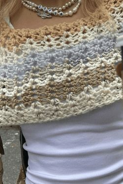 Y2K Striped Crochet Top: Coquette Aesthetic, Grunge Style, Cute Pastel Goth Fashion