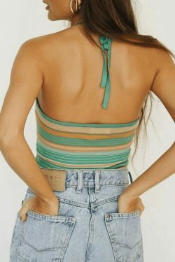 Y2K Striped Halter Knit Crop Cami: Coquette Aesthetic Cute Top - Grunge & Pastel Goth Vibes