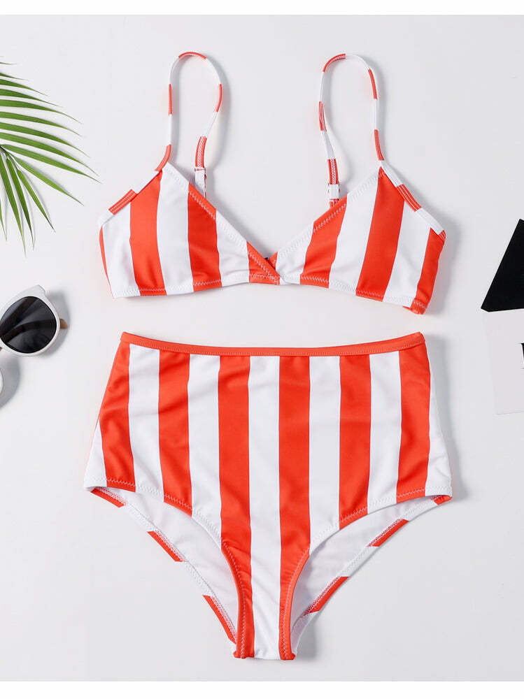 Y2K Striped High Leg Scooped Bikini Set - Coquette Aesthetic Swimwear