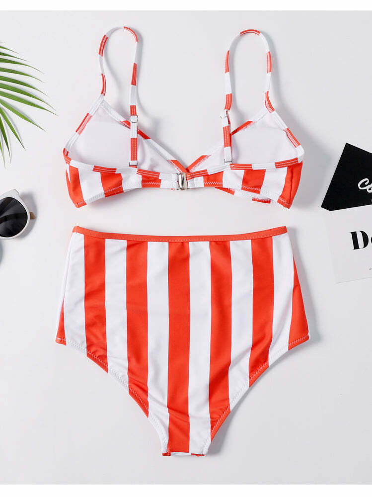 Y2K Striped High Leg Scooped Bikini Set - Coquette Aesthetic Swimwear
