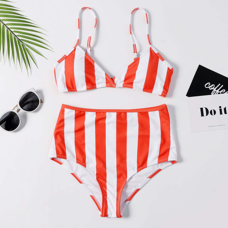 Y2K Striped High Leg Scooped Bikini Set - Coquette Aesthetic Swimwear