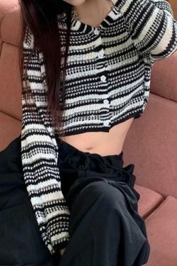 Y2K Striped Knit Crop Top with Button Front V-Neck