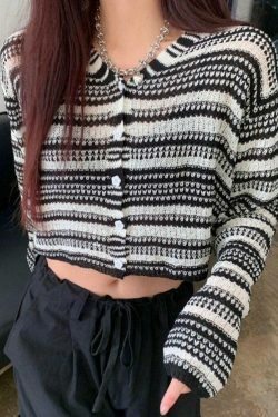 Y2K Striped Knit Crop Top with Button Front V-Neck