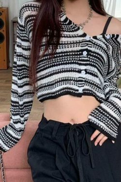 Y2K Striped Knit Crop Top with Button Front V-Neck