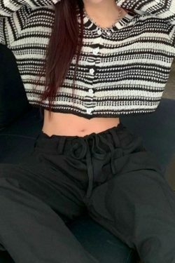 Y2K Striped Knit Crop Top with Button Front V-Neck