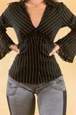 Y2K Striped Lace Panel Long Sleeve Blouse: Coquette Aesthetic, Grunge Style, Pastel Goth