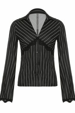Y2K Striped Lace Panel Long Sleeve Blouse: Coquette Aesthetic, Grunge Style, Pastel Goth