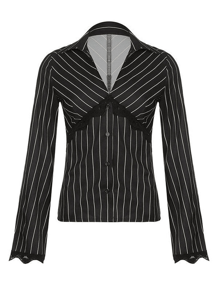 Y2K Striped Lace Panel Long Sleeve Blouse: Coquette Aesthetic, Grunge Style, Pastel Goth Y2K Striped Lace Panel Long Sleeve Blouse: Coquette Aesthetic, Grunge Style, Pastel Goth
