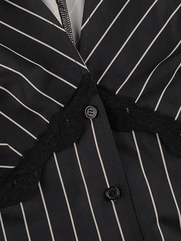 Y2K Striped Lace Panel Long Sleeve Blouse: Coquette Aesthetic, Grunge Style, Pastel Goth Y2K Striped Lace Panel Long Sleeve Blouse: Coquette Aesthetic, Grunge Style, Pastel Goth