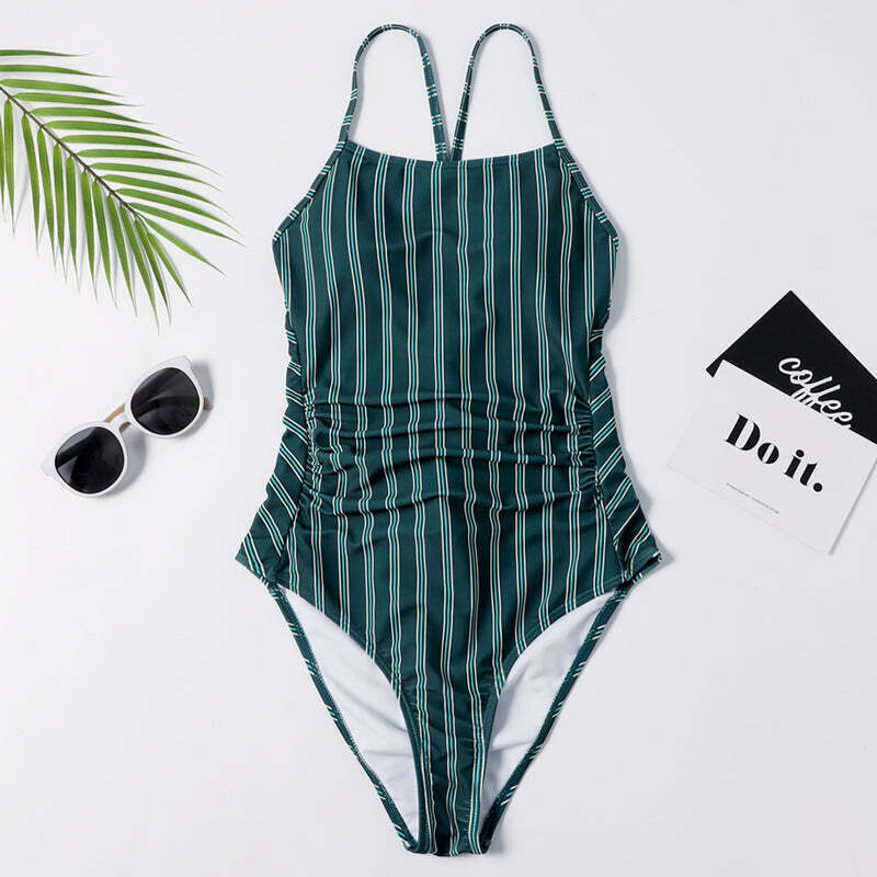 Y2K Striped Lace Up Cami Swimsuit - Coquette Aesthetic Beachwear Y2K Striped Lace Up Cami Swimsuit - Coquette Aesthetic Beachwear