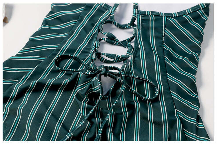 Y2K Striped Lace Up Cami Swimsuit - Coquette Aesthetic Beachwear Y2K Striped Lace Up Cami Swimsuit - Coquette Aesthetic Beachwear