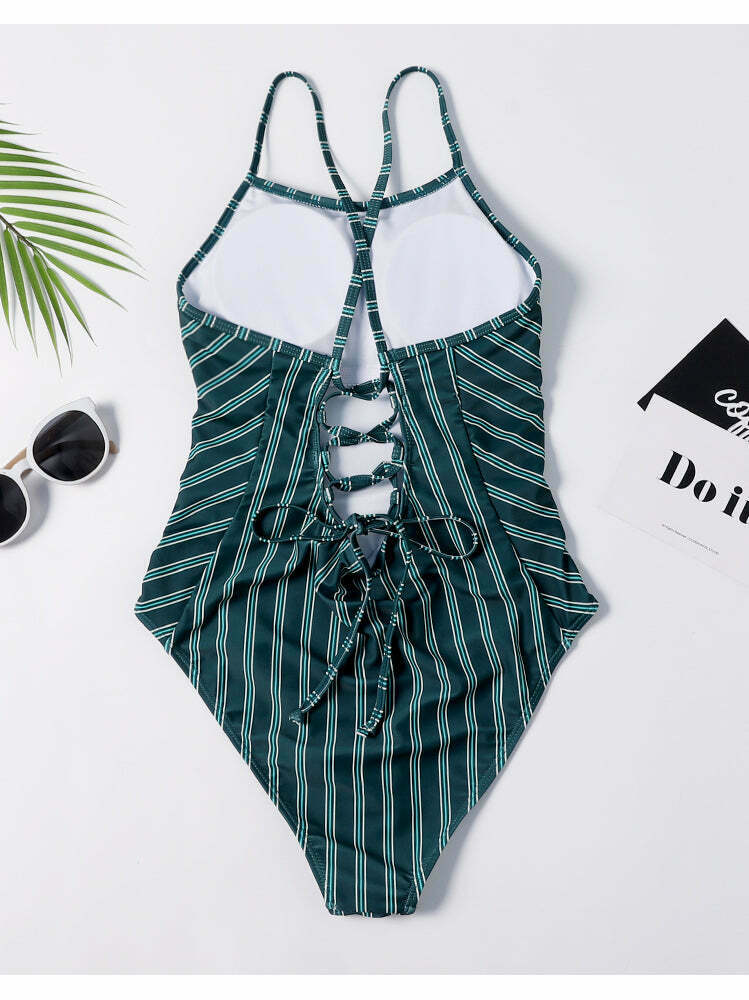 Y2K Striped Lace Up Cami Swimsuit - Coquette Aesthetic Beachwear Y2K Striped Lace Up Cami Swimsuit - Coquette Aesthetic Beachwear