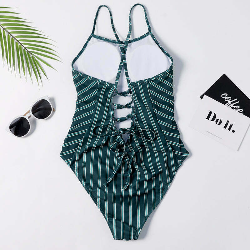 Y2K Striped Lace Up Cami Swimsuit - Coquette Aesthetic Beachwear Y2K Striped Lace Up Cami Swimsuit - Coquette Aesthetic Beachwear