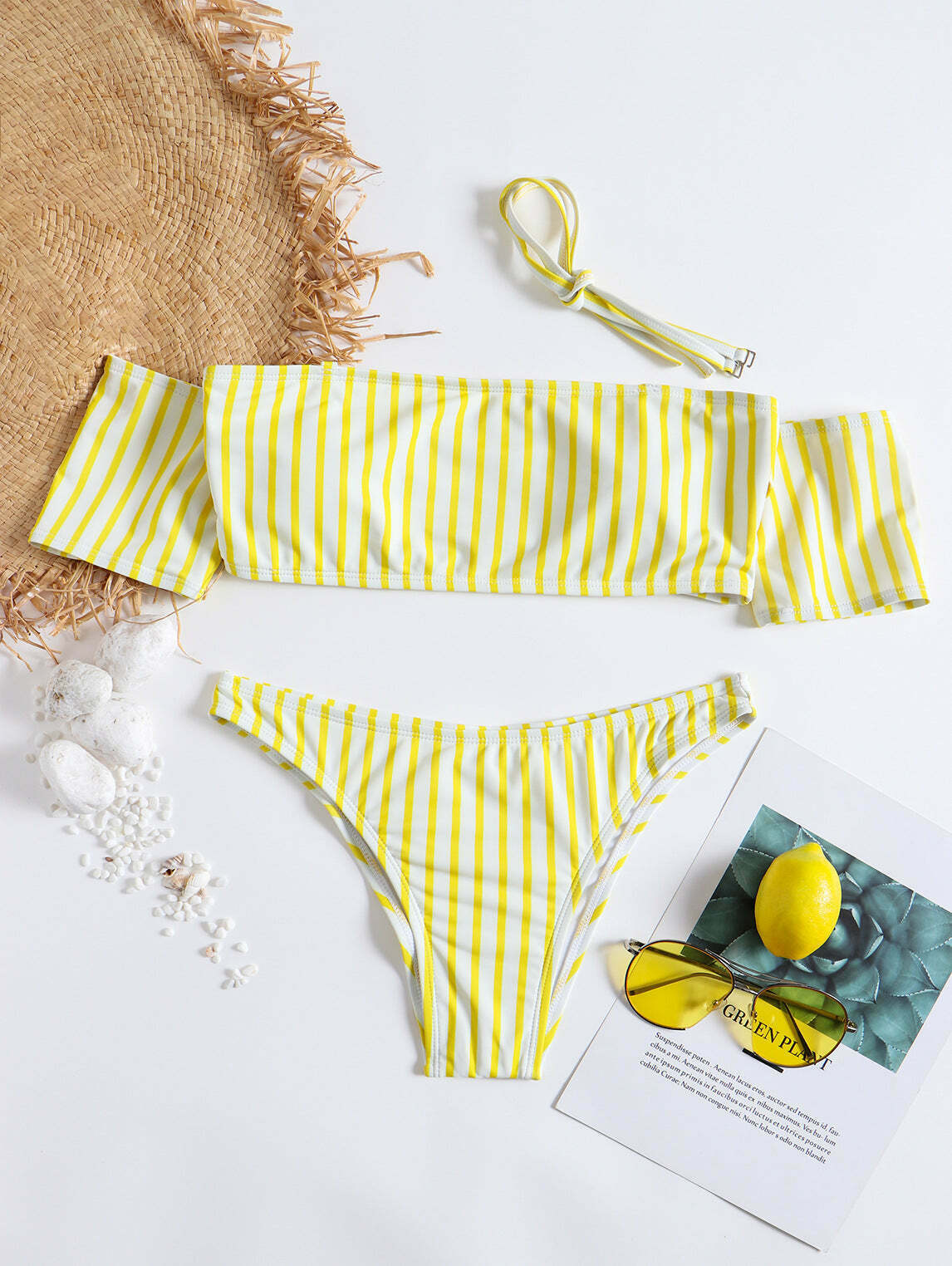 Y2K Striped Off-Shoulder Bikini Set with Short Sleeves Y2K Striped Off-Shoulder Bikini Set with Short Sleeves