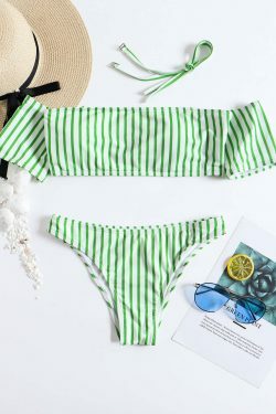 Y2K Striped Off-Shoulder Bikini Set with Short Sleeves