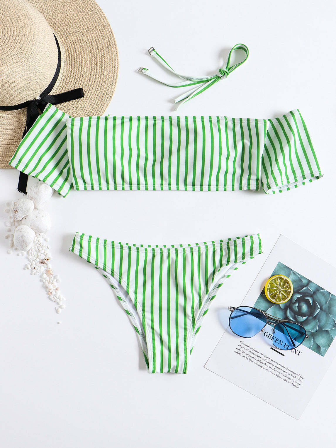 Y2K Striped Off-Shoulder Bikini Set with Short Sleeves Y2K Striped Off-Shoulder Bikini Set with Short Sleeves