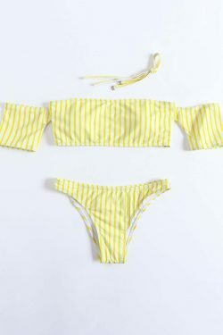Y2K Striped Off-Shoulder Bikini Set with Short Sleeves