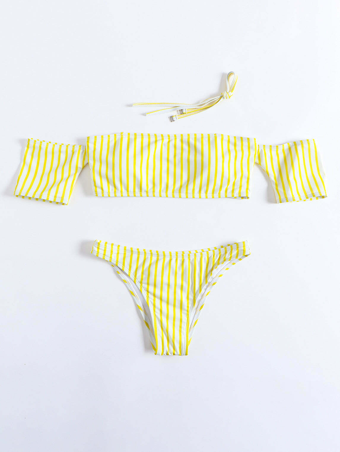 Y2K Striped Off-Shoulder Bikini Set with Short Sleeves Y2K Striped Off-Shoulder Bikini Set with Short Sleeves