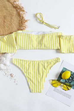 Y2K Striped Off-Shoulder Bikini Set with Short Sleeves