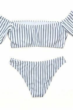 Y2K Striped Off-Shoulder Bikini Set with Short Sleeves