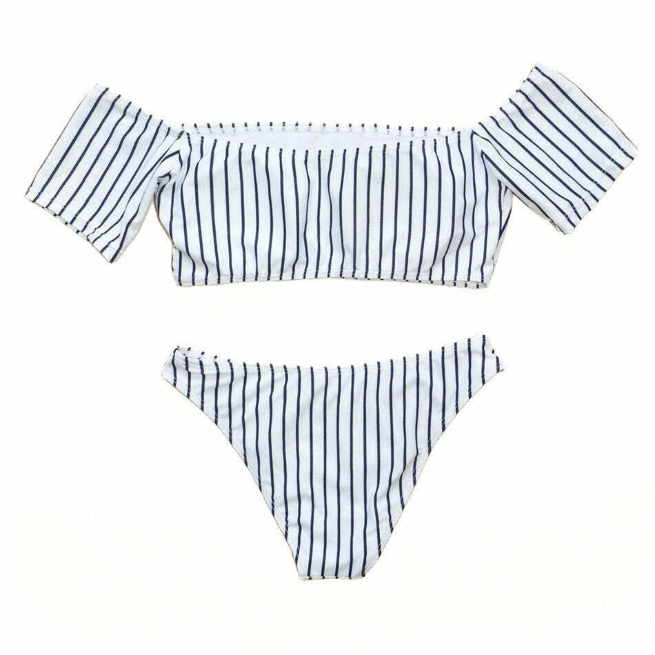 Y2K Striped Off-Shoulder Bikini Set with Short Sleeves Y2K Striped Off-Shoulder Bikini Set with Short Sleeves