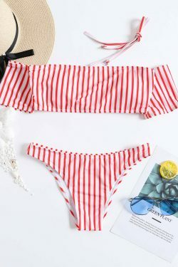 Y2K Striped Off-Shoulder Bikini Set with Short Sleeves