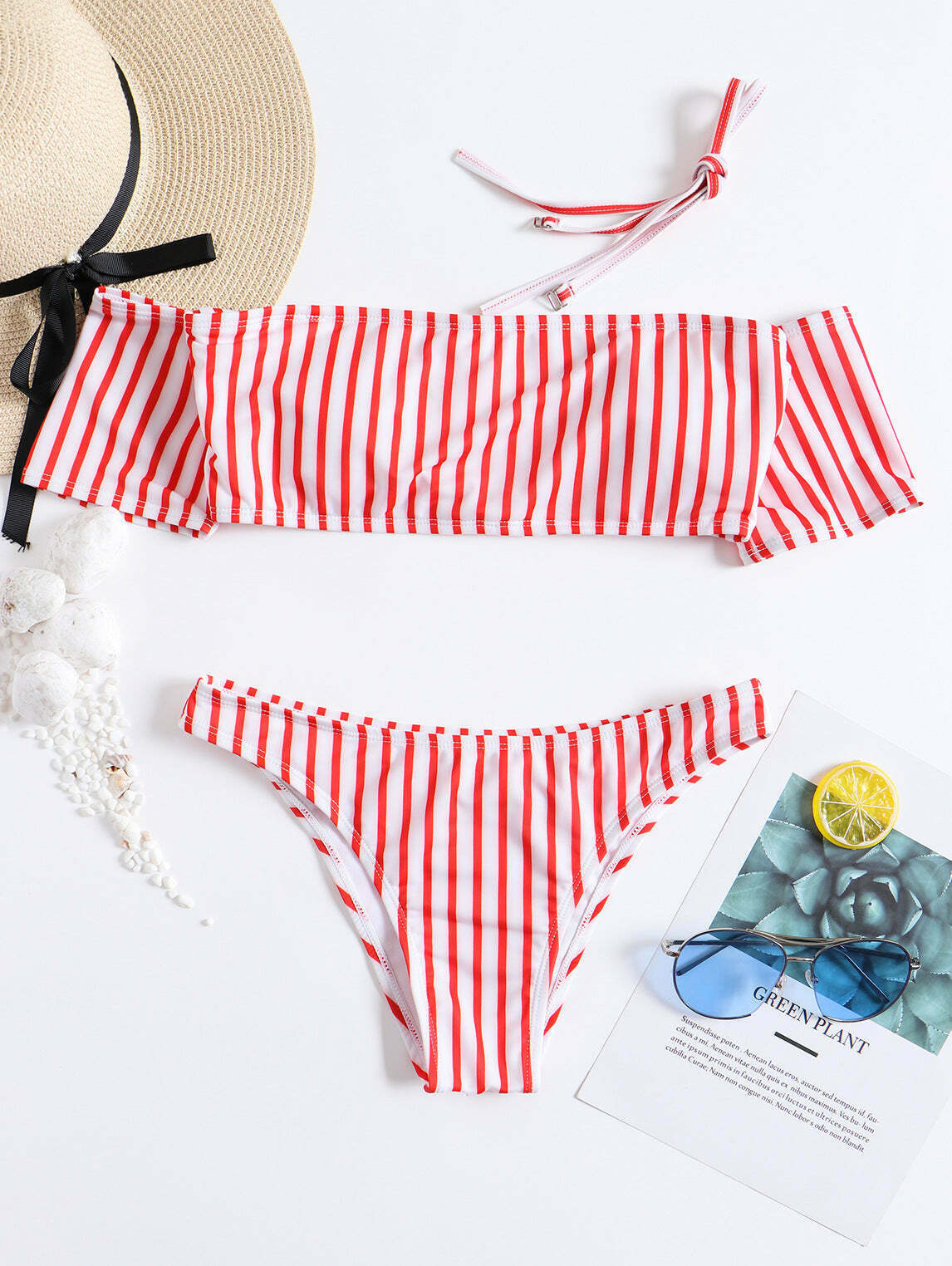 Y2K Striped Off-Shoulder Bikini Set with Short Sleeves Y2K Striped Off-Shoulder Bikini Set with Short Sleeves